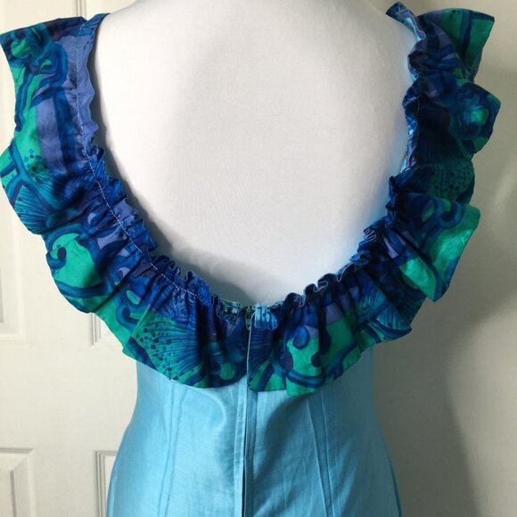 An Original Hawaiian Togs Maxi Dress Size Small Blue Ruffled Cotton Vintage - Picture 14 of 16